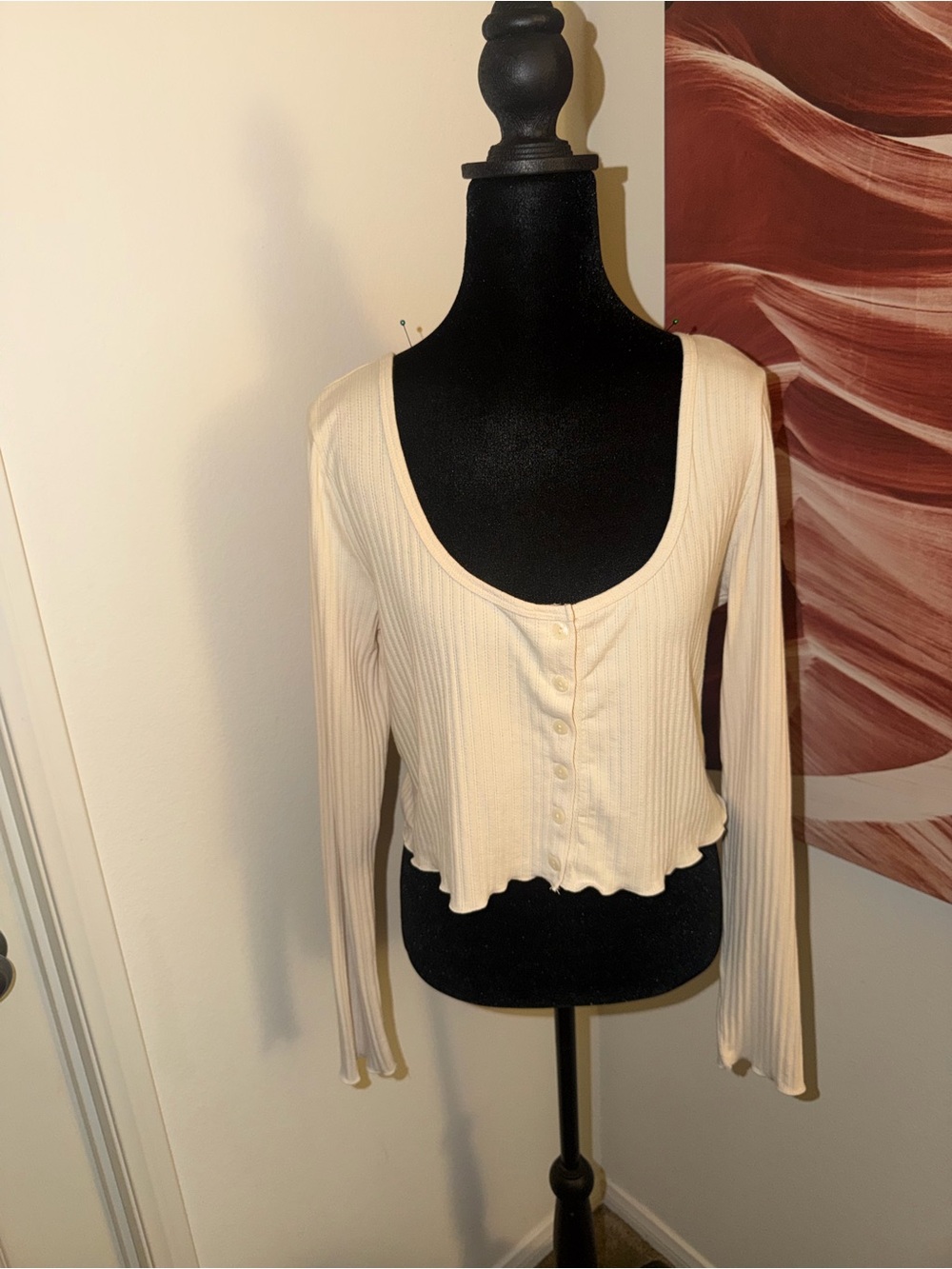 Forever 21 Cream Ribbed Button-Front Crop Top